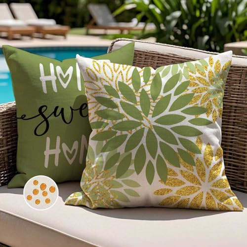 Jayusaror Kissenbezug 40x40 Outdoor Kissen Wetterfest Kissenhülle Grün Gold Dahlien Blumen Zierkissenbezug Cushion Cover Kissenbezüge für Sofa Garten Terrasse Balkon Außenbereich Deko 2er Set