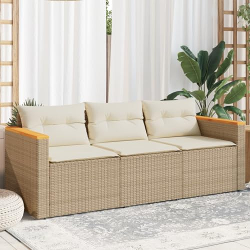Kaloriko Gartensofa 3-Sitzer, Beige Poly Rattan, UV-beständig, mit Kissen, pulverbeschichteter Stahlrahmen, 177x65x66 cm Outdoor Möbel