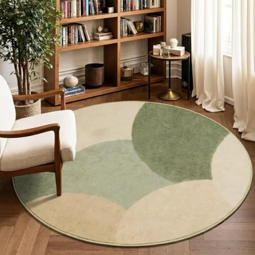 Runder Teppich 80cm Grün, Modern Halbkreis Design, Waschbar Antirutsch | 80 cm Kurzflor Teppich Wohnzimmer, Schlafzimmer, Bettvorleger, Weich, Rutschfest, Waschbarer Rund Grüner & Beige Teppich