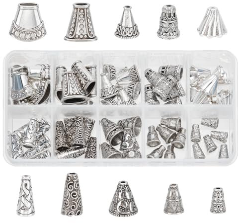 PH PandaHall Lot de 60pcs Chapeaux de Perle de Style Tibétain Cônes de Perle Coupelles de Perles Bouchon de Perle en Alliage et Laiton et CCB, Argent Antique, 14-18x9-16x7-9mm, Trou: 1-10mm