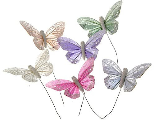 Corsage Creations Schmetterlinge mit Federn in Pastellfarben, 10 Stück, 20 cm, Pfirsich, Grün, Grau, Flieder, Weiß und Pink