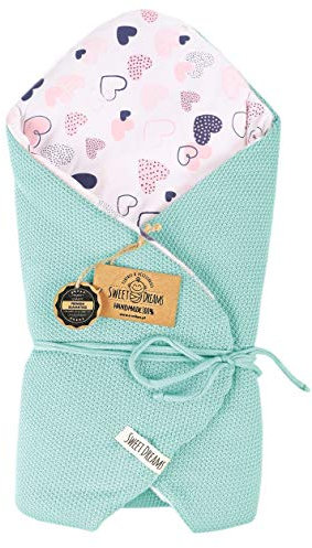 SweetDreams Baby Einschlagdecke, Schlafsack, Wickeldecke für Neugeborene und Kleinkinder, Baumwolle 0-12 Monate, super weich, 75 x 75 cm (1024) (Minze/Herz)