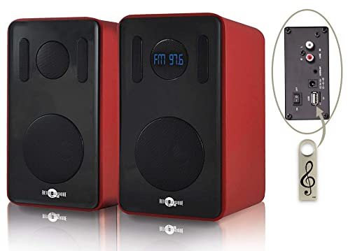 Retro musique Bluetooth Bookshelf Speakers include 1 x 4GB USB With FM Radio, USB+TF Card Reader, Touch Panel Controls, LED Display Panel, Remote Control (Red)