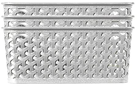Curver My Style Rattan Effect Set of 3 Kitchen, Living room, Bathroom, Bedroom, Utility Medium Rectangular Storage Baskets 12 Litres - Grey