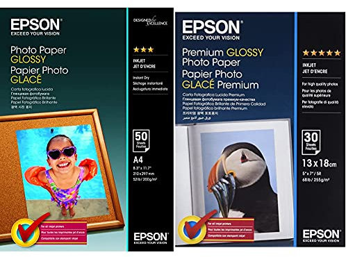 EPSON Foto Papier glänzend A4 50 Blatt 1er-Pack & Premium glossy photo paper inkjet 255g/m2 130x180mm 30 Blatt Pack