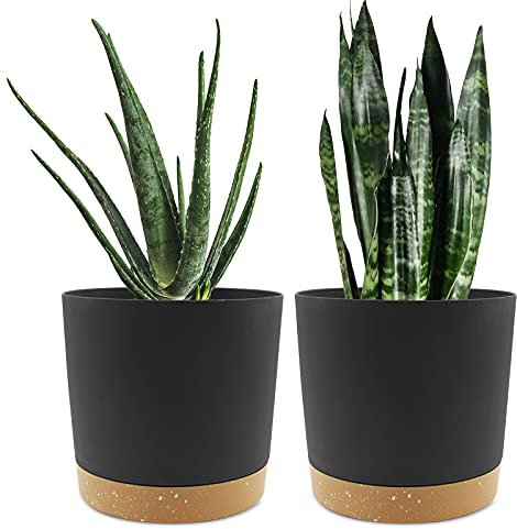 QCQHDU 20cm Plant Pot, 2 Pack Planters for Indoor Plants with Drainage Holes & Saucer, Outdoor Flower Pots Home Garden Modern Decor (Dark Grey, 20cm)
