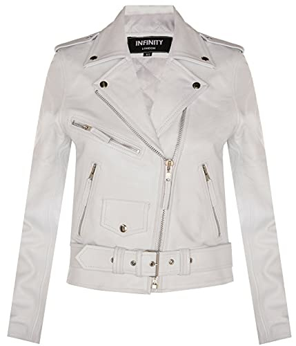 Women's Classic White Brando Real Cow Hide Leather Biker Motorcycle Jacket XS