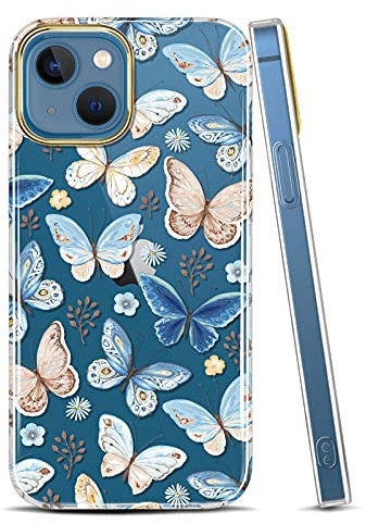 RXKEJI Clear Case Compatible with iPhone 13 Mini Case with Flowers, for Girls Women, Shockproof Glitter Plating Floral Design Hard Back Cover Phone Case 5.4 inch 2021 Butterfly Blue