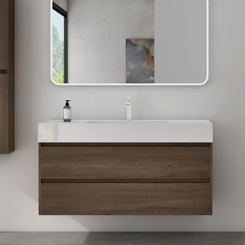 Mai & Mai Badmöbel-Set Waschtisch mit Unterschrank Deep Waschbeckenunterschrank 120x48x63cm in Eiche mit 2-Schubladen inkl. Waschbecken und LED-Badspiegel