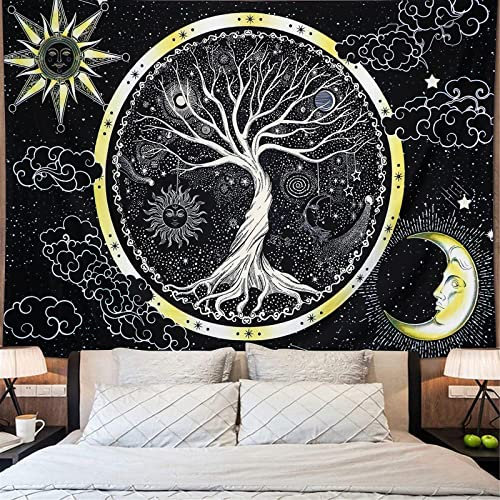 Betylifoy Psychedelic Mond und Sonne Tapisserie Baum des Lebens Wandbehang Tapisserie Schwarz und Weiß Galaxie Wandteppich Hippie Wand Kunst Tuch für Schlafzimmer (Sonne, 130x150cm)