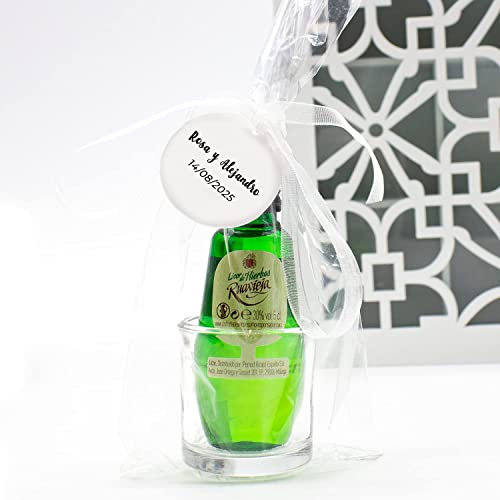 Miini Licor Ruavieja Con Vasito de Chupito y Etiqueta Personalizada para Regalar en Bodas, Comuniones o Bautizos (Licor de Hierbas, 12 Unidades)
