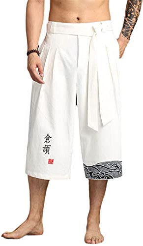 Pantalon de kimono japonais traditionnel pour hommes, vêtements asiatiques, pantalon de bain, décontracté, ample, style japonais, pantalon court en lin, Blanc, XL, poids 65-75 kg