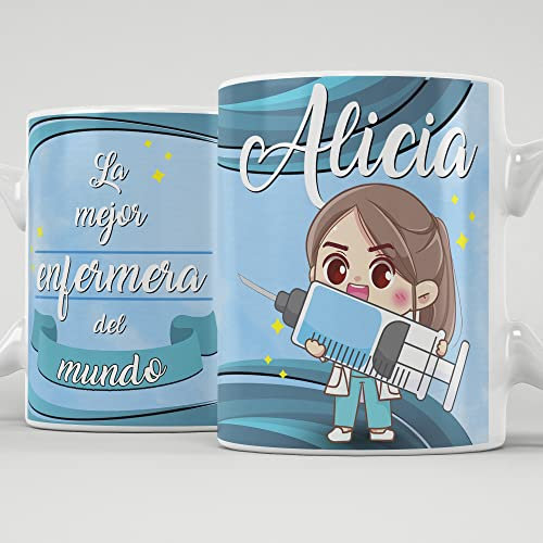 Taza a la mejor enfermera personalizada con nombre, taza de cerámica calidad premium 350ml hecha a mano, regalo original, divertido y personal.