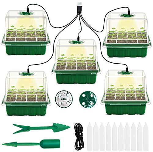 Vassoio per sementi con luce di coltivazione, confezione da 5 vassoi per piantine, kit iniziale con cupola per umidità, base per serra, mini stazione di propagazione per la crescita dei semi (12 celle