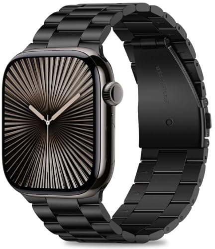 HITZEE Kompatibel with Apple Watch Armband 46mm 45mm 44mm 42mm, Edelstahl Metall Ersatzband Armbänder Band Kompatibel für iWatch SE Series 10 9 8 7 6 5 4 3 2 1, 42/44/45/46mm Schwarz