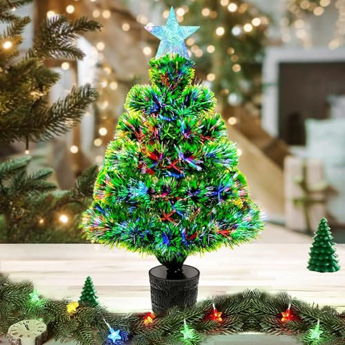 Pre-Lit Artificial Mini Christmas Tree, Lighted Optical Fiber Tabletop Christmas Tree Desktop Decorations with Tree Star,RGB Lighting for Table, Room,Holiday Decor(54cm)