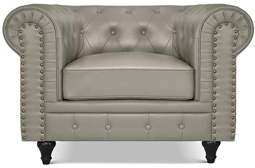 Bravich Chesterfield Armchair, Grey Faux Leather Accent Chair with Scroll Arms and Button Studded Back, Solid Wood Frame Living Room Chair - 110x90x78cm