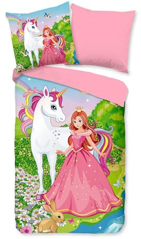 Traumschloss Renforcé Bettwäsche »Fairytale«, Einhorn, Prinzessin, 135x200 & 80x80, 100% Baumwolle, atmungsaktiv & weich, Kinderbettwäsche-Set mit Reißverschluss bestehend aus Kissen und Bettbezug