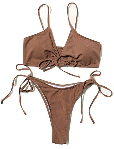 Meetall Bikini-Set für Damen, mit hoch geschnittenem String-Design und Triangel-Oberteil, sexy zweiteiliger Badeanzug, Braun, XL