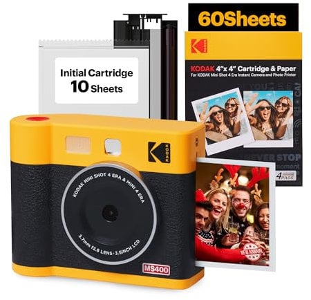 Kodak Mini Shot 4 ERA 4PASS 2-en-1 Cámara Instantánea e Impresora de Fotos (10x10cm) (Cámara + Pack con 68 Hojas (8 Hojas Iniciales + 60 Hojas), Amarillo)