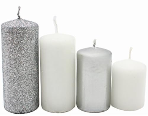 Gestufte Stumpenkerzen, Adventskerzen, Adventskranzkerzen, in Silber und Weiß, 4 Größen - H 5-10 cm, Ø je 4 cm, 280 gr