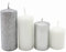 Gestufte Stumpenkerzen, Adventskerzen, Adventskranzkerzen, in Silber und Weiß, 4 Größen - H 5-10 cm, Ø je 4 cm, 280 gr