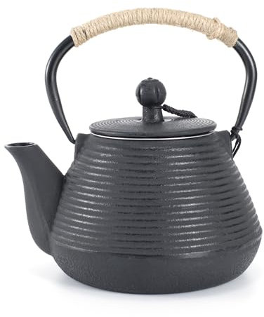 MILVBUSISS Gusseisen Teekanne mit Warmhalter, 600 ml Teekessel sicher für den Herd mit Teesieb für lose Blätter, japanische Teekanne mit emaillierter Innenseite, 20 Unzen, Schwarz