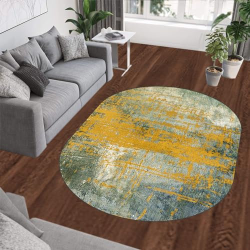 Rururug Kurzflor Teppich Wohnzimmer Schlafzimmer Esszimmer Küche Arbeitszimmer,Blue-Green,Oval 200 x 300 cm,Blau Grün Cyan Weiß Orange Hell Gelb Abstrakt Deko Modernes Design