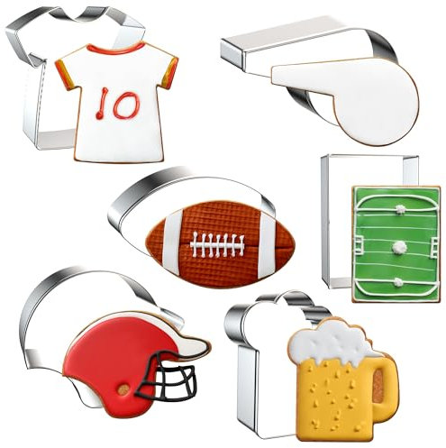 FUSOTO 6PCS Football Cookie Cutters Set, 3 Inches Cookie Cutter Football Shapes for Baking-Football, Jersey, Whistle, Helmet, Beer Mug, Ball Park Cookie Cutters for Homemaking Cookie