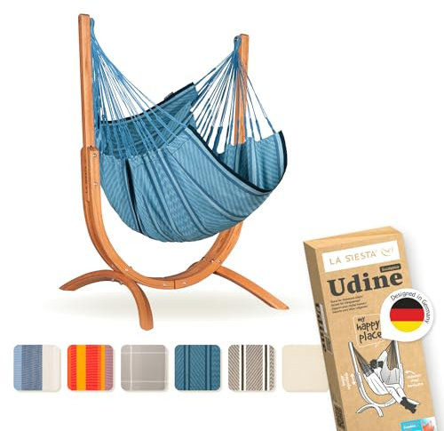 LA SIESTA® - Udine Bio-Baumwoll-Hängesessel mit Holzgestell - Handgefertigter, Reißfester, Weicher Indoor Hängesessel mit Gestell, FSC-zertifizierter Eukalyptus-Ständer für Balkon Garten - Blue Zebra