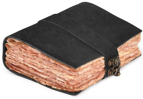 LEATHER VILLAGE Leather Bound Vintage Journal for Women & Men - Book of Shadows - Lock Closure - 200 Pages of Antique Deckle Edges Handmade Paper - Rustic Black Color - 10 X 7 inches
