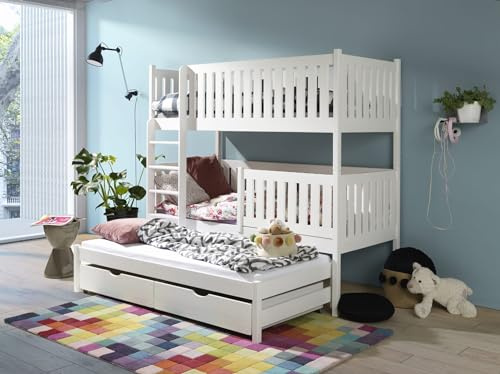 KEF Julia Etagenbett Kinder 80x180 cm - Etagenbett 3 Personen - Holz Kinderbett - für DREI Kinder - mit Schubladen - Ausziehbares Drittes Bett - mit Matratze - Weiß - Leiter Links