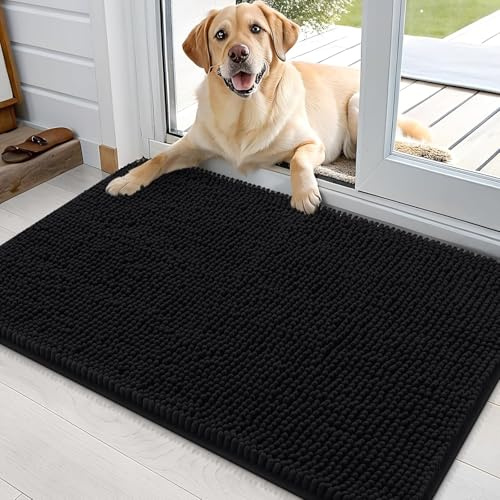 smiry Absorbent Chenille Door Mat for Muddy Shoes & Paws, 51x76, Black | Soft, Dirt Trapper, Washable, Non Slip, Easy Clean, for Entrance, Kitchen, Door Matts Indoor, Bath Mat, Pet Rug, Floor Mat