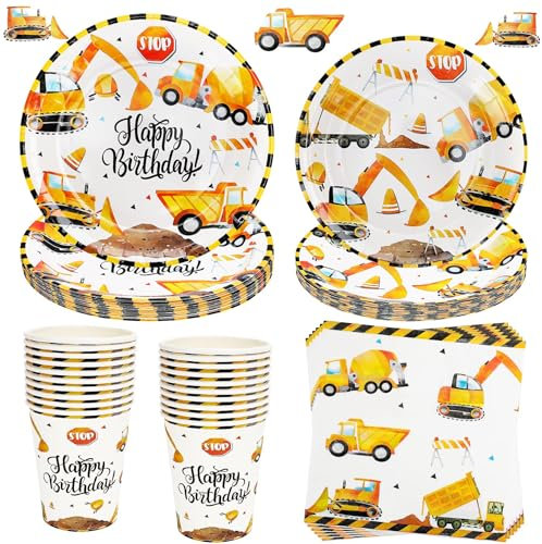 Vaisselle Anniversaire Chantier, 80 Pièces pour 20 Invités Assiettes Tasses Serviettes des pour Decoration Anniversaire Chantier pour Garçons Filles Enfants