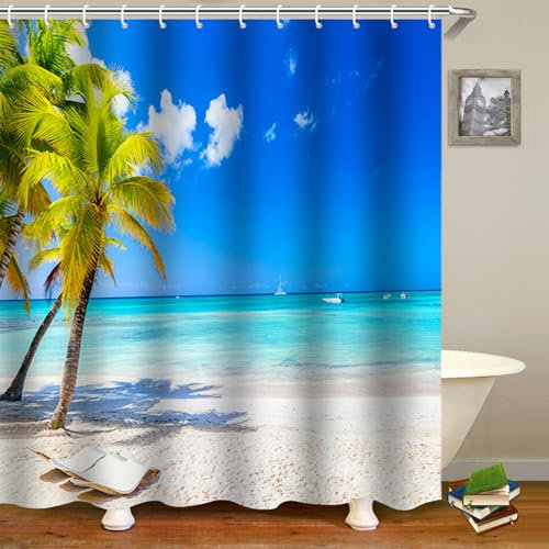 FAIRYGATE Duschvorhang Strand Waschbar Shower Curtain Duschvorhang 180x180 Antischimmel Duschvorhänge Wasserdicht Waschbar Stoff Duschvorhänge für Badewanne mid 12pcs Haken Polyester B8813