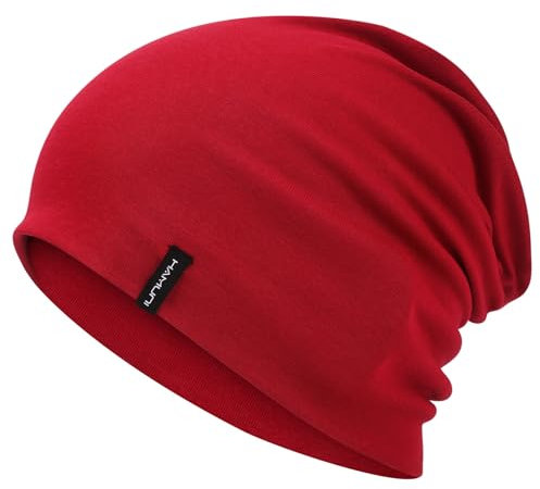 HAMUNI Slouchy Beanie Mütze Damen, Bequeme Baumwolle Mütze Herren, Doppellagige Weiche Winddichte Dünne Mütze, Klassische Modische Beanie Mütze Perfekt für den Alltag und Übergangszeiten (Weinrot)