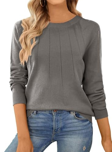 BLENCOT Womens Long Sleeve Tops Round Neck Cute Soft Knit Tunic Jumpers Plain Pullover Thin Sweater Knitted Tops Basic Sweatshirts Grey