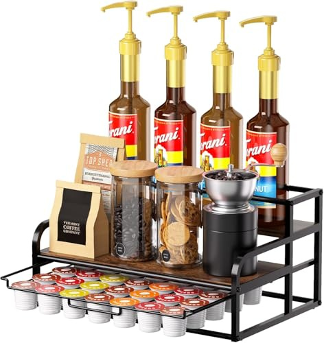 Kaffeestation Organizer für die Arbeitsplatte, 3 stufiger Kaffeesirupständer für 8 Flaschen mit 35 K-Cup-Halter und Schublade für die Kaffeebar Küchentheke