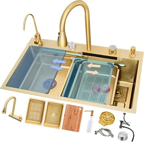 JETXYHUB Multifunctional Stainless Steel Waterfall Kitchen Sink,Large Capacity Workstation Sink,Topmount Single Bowl Sink,With Drain Knob And Complete Accessories(Gold,75x45x22cm)