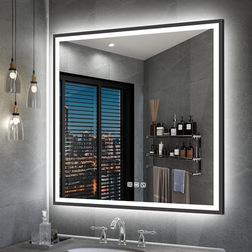S'bagno Bluetooth-Badezimmer-Spiegel-mit-Beleuchtung 800x800mm, Badspiegel mit Beleuchtung mit Schwarzem Aluminiumrahmen, IP44 Led Badspiegel mit Beschlagfrei/ 3 Lichtfarben/Dimming/Memory