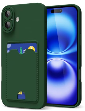 oakxco for iPhone 16 Case with Card Holder, Cute Silicone Wallet Phone Case with Credit Card Slot, Soft Rubber Thin Slim Purse for Women Men with Shockproof Camera Cover Protection, Dark Green