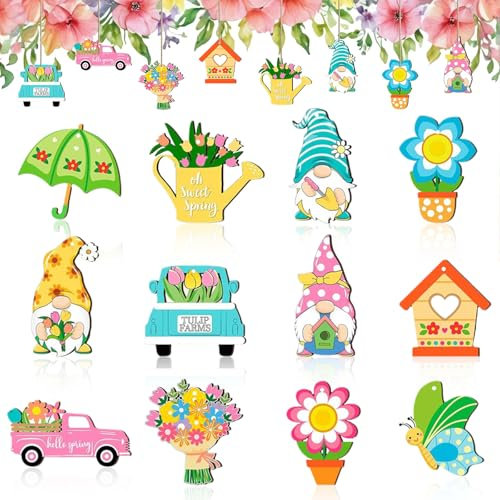 Pack of 12 Wooden Pendants Spring, Wooden Pendants Flowers, Gnome Wooden Pendants, Easter Crafts Wood, Spring Decoration Wood, Colourful Spring Decoration for Easter Home Decoration (Yellow)