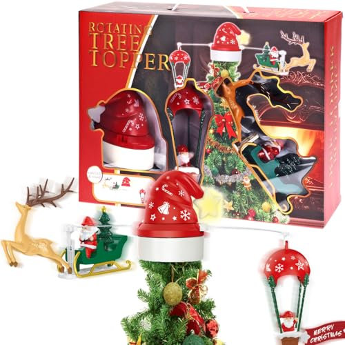 URBNLIVING Puntale rotante per albero di Natale, 80 cm, con luci a LED, con Babbo Natale e renna, decorazione musicale, decorazione natalizia per la casa, rosso e verde