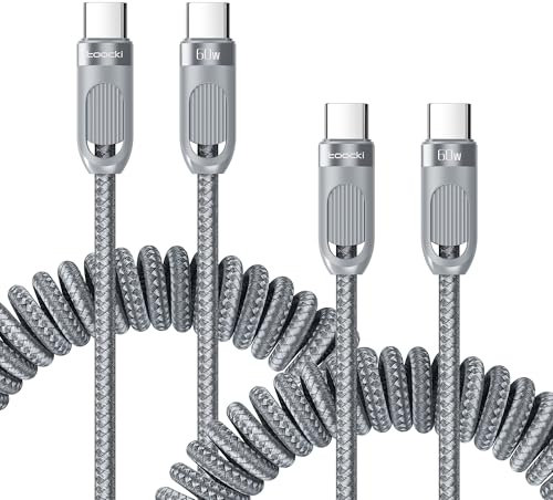 toocki 2 Piezas Cable USB C Espiral Retráctil 60W, Nylon Trenzado, Carga Rápida USB C a Tipo C, Compatible con Samsung Galaxy S20/S10/S9/S8+/Note 10/9/8, Android Auto, CarPlay (1.5M, Gris)