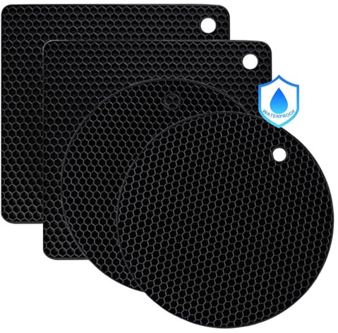 AMSGANK Topfuntersetzer aus Silikon, 4er Set Premium Silikon Topflappen Multifunktional Hitzebeständig rutschfest, Spülmaschinenfest (2 Rund 17.5cm und 2 Viereckig 18.5cm, Schwarz)