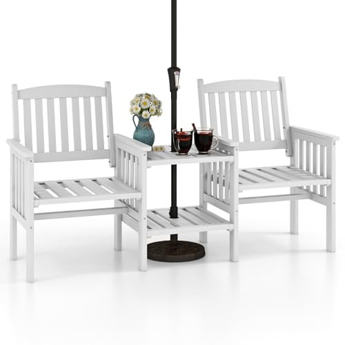 KOMFOTTEU Gartenbank mit integriertem Tisch & Schirmloch, 2-Sitzer Bank aus Tannenholz, Sitzbank Parkbank Outdoor 165 x 60 x 88 cm, Gartenset für Balkon Garten Terrasse, Weiß
