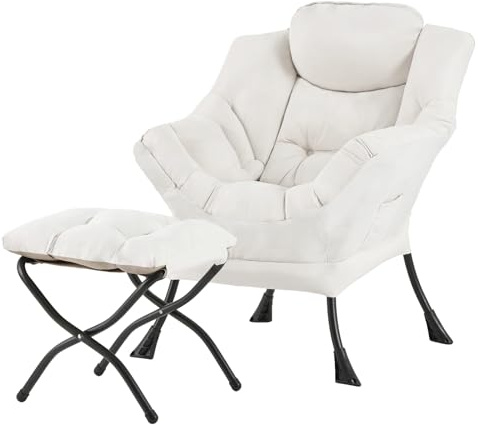 Tiita Lazy Chair mit Ottomane, moderner großer Akzent-Loungestuhl, Freizeitsofa Sessel mit Ottomane, Lesesofa mit Fußstütze für Schlafzimmer, Wohnzimmer, Schlafsaal, Garten und Innenhof (Beige)