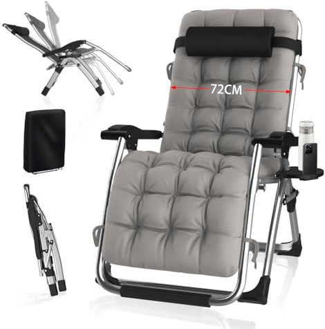 Sonnenliege Klappbar Gartenliege mit Abdeckung,Liegestuhl Klappbar,Extra Breit Verstellbare Rückenlehne Gartenstuhl Belastbar 240kg,Ergonomisches Polster Für Garten,Strand,Balkon (Grau, 72cm)