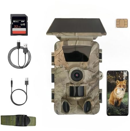 5K Wildlife Camera with 4G LTE & Solar, Real-time Mobile Phone Transmission via App, Super Infrared Night Vision, 5200 mAh Battery, 32 GB SD Card, IP67 - Wildlife Camera with SIM Card, Motion Sensor