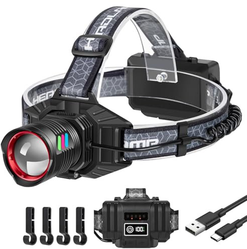 PEAKRO Linterna Frontal LED Recargable, Linterna de Cabeza Alta Potencia 90000 Lumens, 3 Modos con Luz Trasera, Frontal LED Recargable Batería de Larga Euración y IPX7 Impermeable para Campeggio Pesca